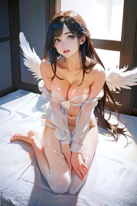 nsfw,strapless,see through, very beautiful girl、Realistic angel wings、real feathers、Big feather、　 barefoot、looking away,Sheer lingerie,blush,wet clothes,((The background is a fantastic lake ))、medium breast、(( exposed breasts))、(( open))、Navel、(((cleavage)...