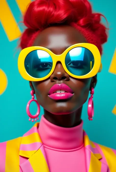 8k, masterpiece, highest quality,  Beautiful ebony  Woman, Close-up, vibrant colors, red-haired , oversized yellow sunglasses, blue reflections, pink striped shirt, teal background, yellow geometric shapes, 1960s fashion, pop art aesthetic, bold makeup, up...