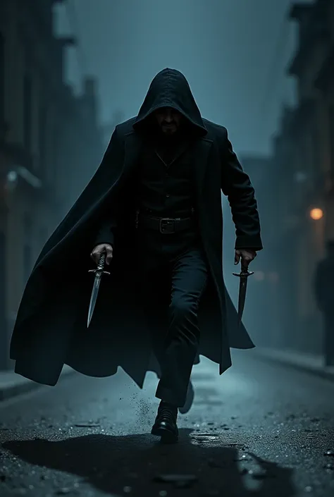 Man with a black cape and hat runs with 2 daggers to kill another man in the night