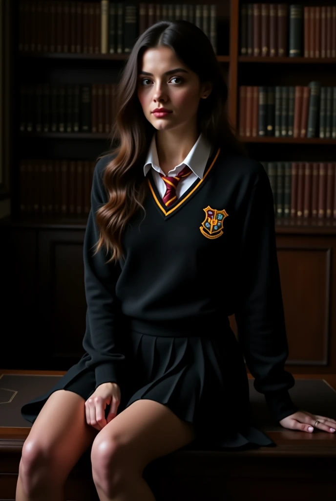 A beautiful female dressed in a harry potter short skirt uniform. 
In a dark library, sitting on a desk. 