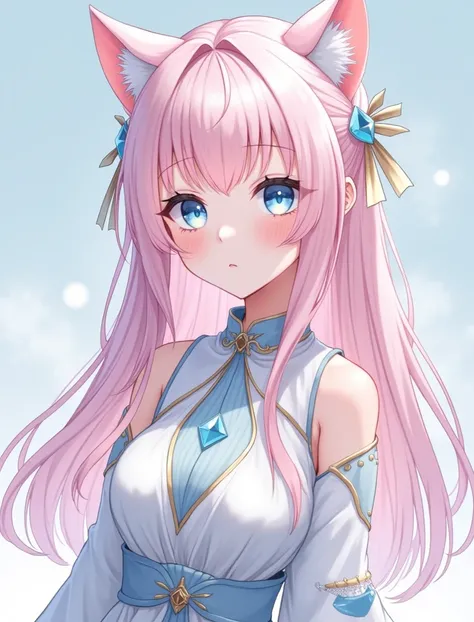 anime girl 2d , V-TUBER STYLE with long pink almost white extremely light baby hair , and crystal blue eyes almost white , wearing cat ears and a high-collared outfit in blue accent,white dress with a neckline with a cloth on top practically transparent in...