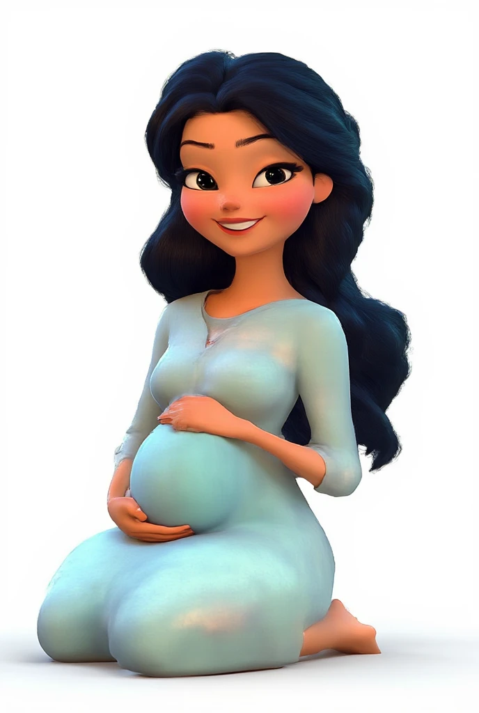 Create an image of a pregnant black-haired woman with her hands on her belly seated, The woman must have a cheerful face,  the background of the image must be totally white 