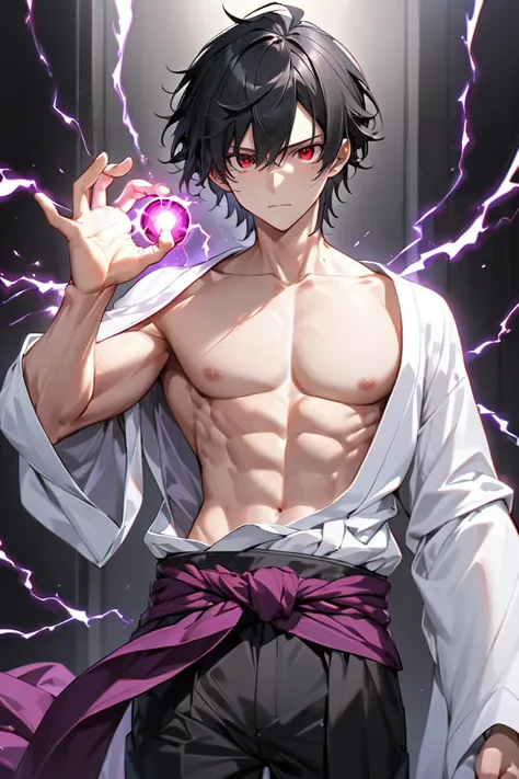 BEST QUALITY, ULTRA DETAILED, HIGH DEFINITION, ALONE, 1boy, black hair, medium layered hair, thin, toned, red eyes, (black tomoes), (tomoes around the pupil), black pupil, black pants, white kimono top, chest partially exposed, purple cloth around the wais...