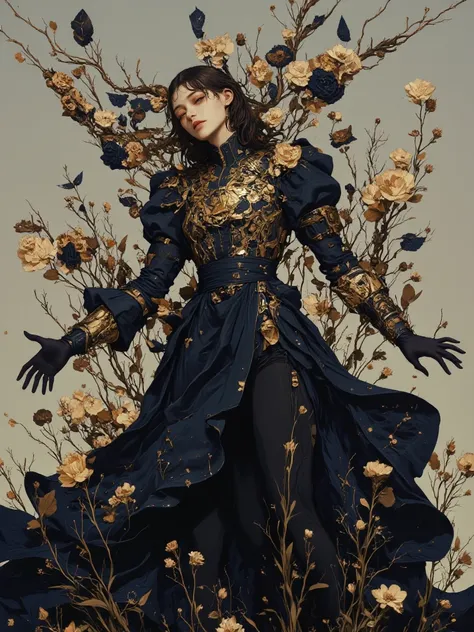 Worship, mechanics, parts, machinery, artificial, synthetic, flowers, beauty, sadness, blue, dance, happiness, joy, dawn gray sky, dark surrealism style, dark sci-fi style. long combat dress, muted colors and shades, classy, powerful, mesmerizing metropoli...