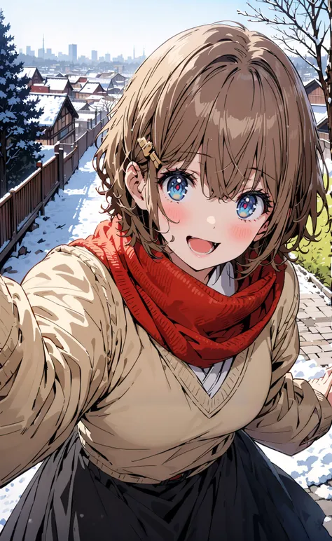 Tomoe Koga,  short hair,  brown hair,  blue eyes,  hair clip, half up do,smile,blush, I'm embarrassed, open your mouth, red scarf, down coat, OVERSIZE V NECK SWEATER, Long Skirt , Bbo~, standing, give a heart-shaped present, dead trees,snow,building, bench...