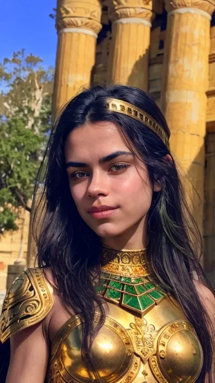 beautiful skinny antique greek spartan warrior girl, 19 years old, detailed face with piercing eyes, flowing dark hair, wearing ornate spartan helmet with ornate gold and bronze details, wearing detailed spartan battle armor with intricate gold and bronze ...