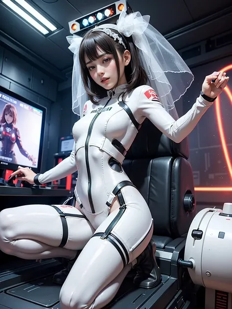 Wedding bride opens her legs in the cockpit,  angle from below, (((タイトなjoystick plug suit ))),  Japanese tiny girl,  open,  Inner Thighs,  joystick pants in the cockpit ,  thin waist, (joystick plug suit ), full nelson, ((joystick vibration machine))
