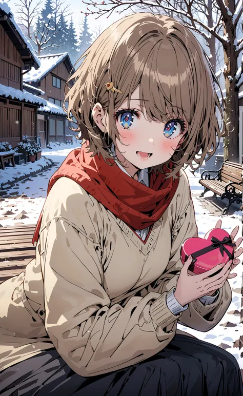 Tomoe Koga,  short hair,  brown hair,  blue eyes,  hair clip,smile,blush, I'm embarrassed, open your mouth, red scarf, down coat, OVERSIZE V NECK SWEATER, Long Skirt , Bbo~, standing, give a heart-shaped present, dead trees,snow,building, bench,Japan,whole...