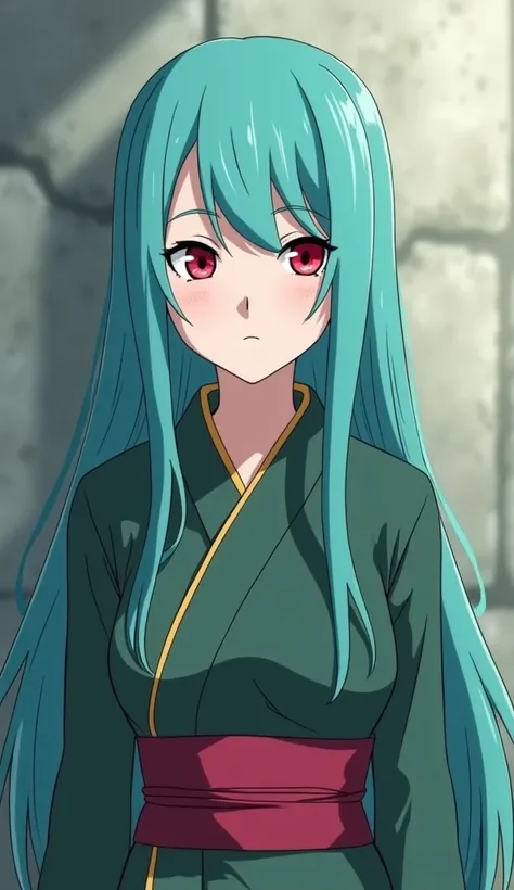  naruto shippuden style screenshot screencap , 19-year-old girl ,  long and abundant emerald blue hair,  cute and feminine ninja clothing , Naruto Shippuden drawing style, He has red eyes and the Sharingan in one