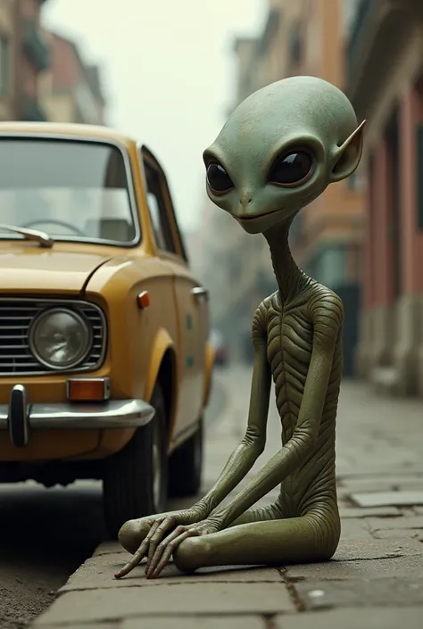 A Martian seated by a Fiat 147 on the street of planet Earth