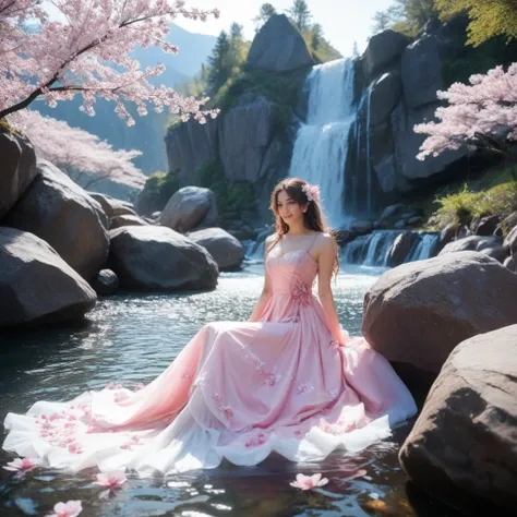 A beautiful woman with long hair wears shiny pink dresses, is sitting on a boulder background lake mountain waterfall and falling cherry blossoms, the photo looks like real 