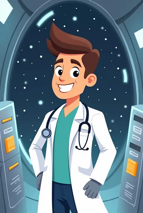 no color 2D cartoon of a doctor in space