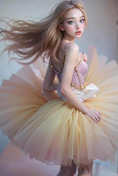 Photographically, very detailed, Very real, hyperrealism , super realistic, best quality,(masterpiece, soft lighting, Stylish eyes with attention to detail : 1.2), a pretty young girl,(cute), sleeveless, sheer off-the-shoulder tutu,Tights ,Can you loosen t...