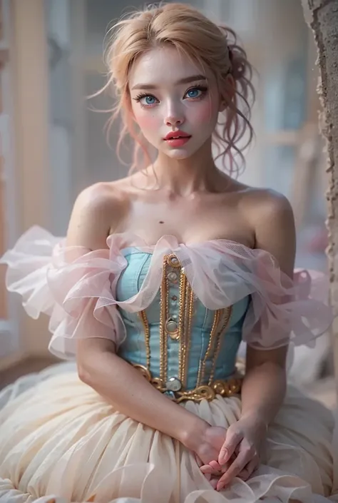 Photographically, very detailed, Very real, hyperrealism , super realistic, best quality,(masterpiece, soft lighting, Stylish eyes with attention to detail : 1.2), a pretty young girl,(cute), sleeveless, sheer off-the-shoulder tutu,Tights ,Can you loosen t...