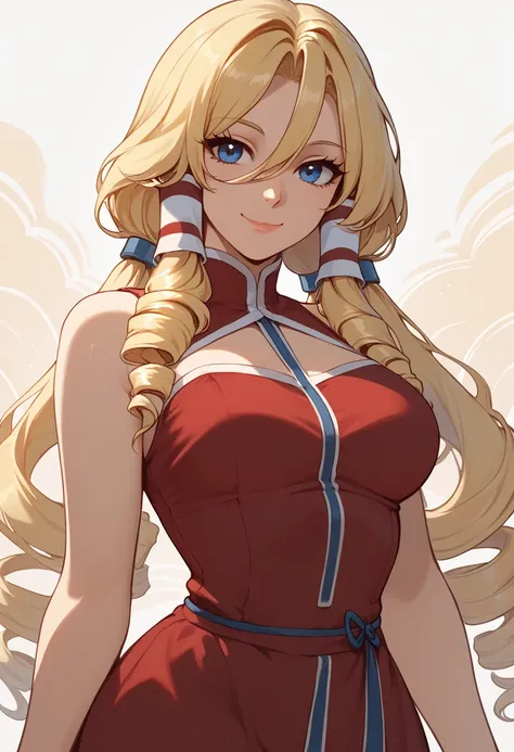 score_9, score_8_up, score_8, medium breasts, (curvy), cute, eyelashes,       ,,, , zzLashara, blue eyes, hair between eyes, blonde hair, drill hair, hair tubes, long hair, low twintails, red dress,   BREAK, smile, looking at viewer, ,,, abstract backgroun...