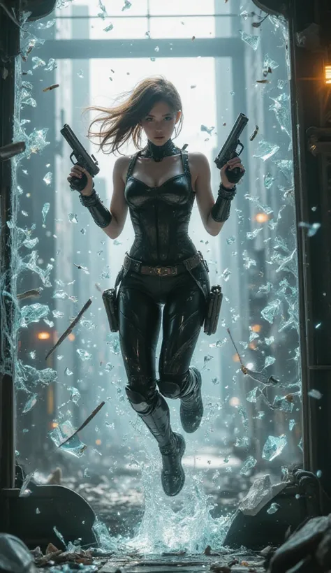 sexy ghost in the shell inspired female heroine bursting through a glass window towards the camera, holding a gun in each hand. bullets flying, mid cobbat