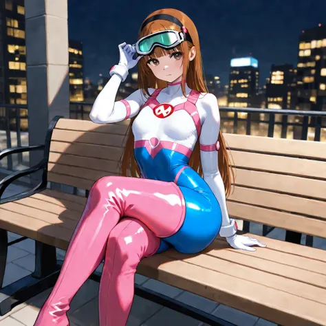 Young Woman with smooth brown straight hair brushed back, with black headband, in a full skin tight super hero suit, with goggles on hair, with white top pattern, with blue bottom pattern, with neon pink thigh boots, with white arm gloves, with many access...