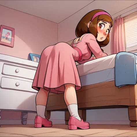  1girl,  full length tuff, Meg Griffin  , Brown hair,  brown eyes, 3d, skirt,  hairband , black  hairband ,  white socks,  dress, pink  dress,  long sleeves ,  floor, ,  perfect body ,  sexy,  sexy legs,  looking at the viewer, cris girl, bad girl ,  playf...