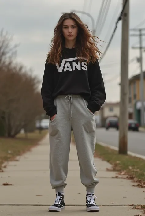 Oh I want that what a brunette person asks for a little bit or a slightly lighter brunette with sweatpants and sneakers I also want your hair down a little down the shoulder from Vans I like so many wavy socks I want people to wear Vans clothes 