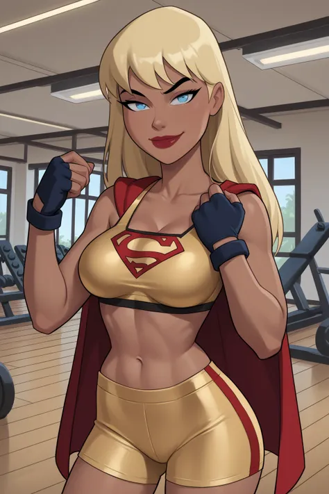 PonyXLV6_Scores BREAK ((parody), perfect anatomy, perfect eyes, cowboy shot) BREAK kara zor-el, long hair, blonde hair, blue eyes, dark-skinned female, lipstick, red lips, flirting, raised eyebrow, half-closed eyes, ((looking at viewer)), superhero, gold r...