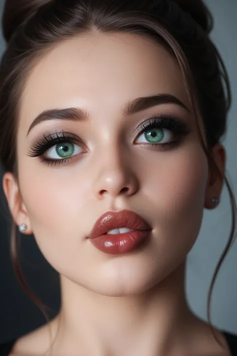 An realistic depiction of a girl with big lips and big eyes, bigger eyes, bigger lips, plump lips, long eyelashes, (head and neck picture) her makeup is incredibly beautiful and complex, a blend of surrealism and goth art, with heavy black eyeliner, black ...