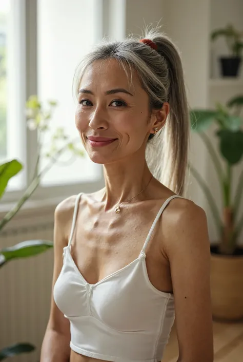 Detail Tweaker LoRA、 photorealistic、 full body image、60 year old Japanese charismatic old fashion model、 grandma who forcibly makes her younger、Erotic Baba 、Small wrinkles, freckles, and spots on the skin、A dreamy smile、A thin, poor body、super petite body...