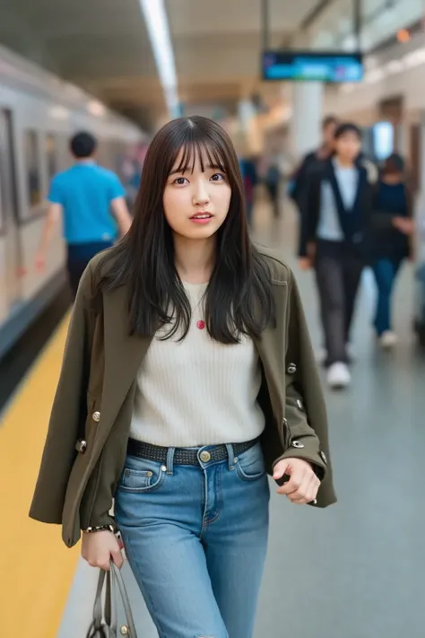 "An anxious young woman in a hurry, running towards a train at a busy station. She has long brown hair, wearing a casual outfit with a jacket and jeans, holding a handbag. Her expression shows urgency and worry as she looks towards the train, which is abou...