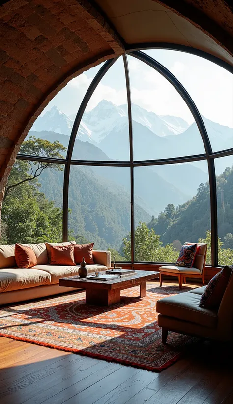 dome shape with glass windows and mixer of traditional and modern  living room with Kathmandu hill in the background with mountain range of Himalayas 
