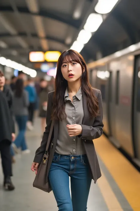 "An anxious young woman in a hurry, running towards a train at a busy station. She has long brown hair, wearing a casual outfit with a jacket and jeans, holding a handbag. Her expression shows urgency and worry as she looks towards the train, which is abou...