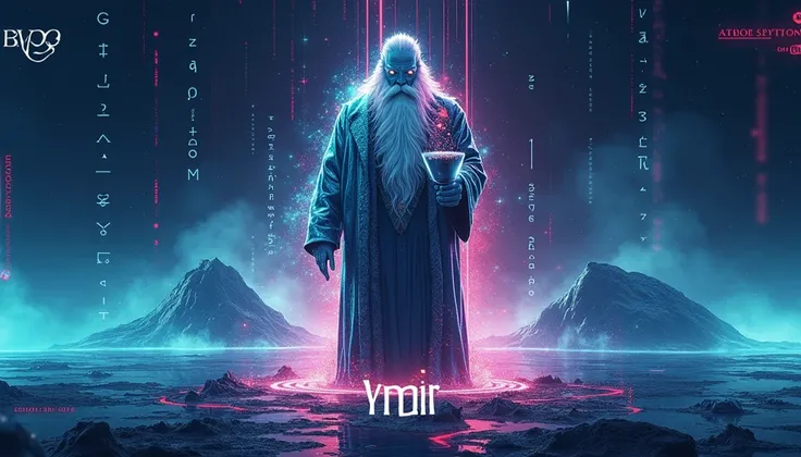 High-fashion, dystopian, website concept blending mysticism and cyberpunk. Use deep navy background with glitch distortions and neon overlays. The title "YMIR" in runic font sits below the navigation menu. The header is split: left shows Niflheim's icy lan...