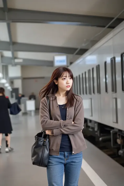 "An anxious young woman in a hurry, running towards a train at a busy station. She has long brown hair, wearing a casual outfit with a jacket and jeans, holding a handbag. Her expression shows urgency and worry as she looks towards the train, which is abou...