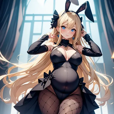 Pregnant bunny woman, tight black party dress, pantyhose, curly blonde hair, bunny ears, necklace, earrings, bunny tail, (beautiful detailed blue eyes)