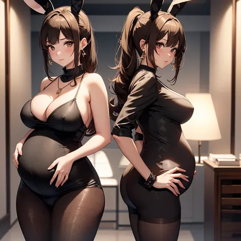 Pregnant bunny woman, tight black party dress, pantyhose, curly light brown ponytail hair, bunny ears, necklace, earrings