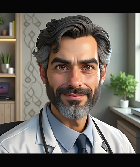 

A semi-realistic 3D-rendered scene features a handsome, 35-year-old Arab doctor seated at his desk, blending lifelike details with a touch of artistic stylization. His youthful yet mature Arabic features are highlighted by warm, expressive eyes, a neatly...