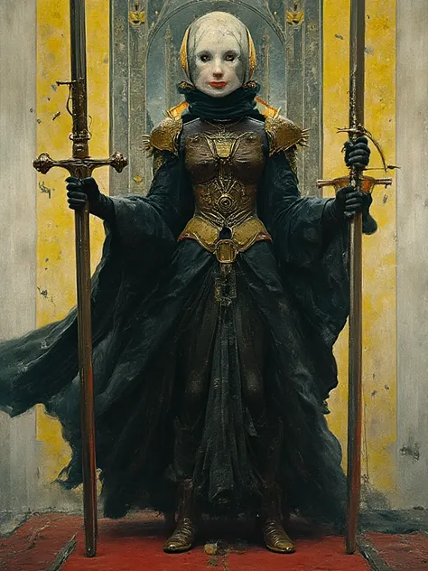 Huge sword female figure on iconic heavy metal magazine cover art style, Worship, mechanics, strange head format char, parts, machinery, artificial, synthetic, beauty, sadness, vivid colorful artwork white face, black costume, yellow and red shoes, green m...