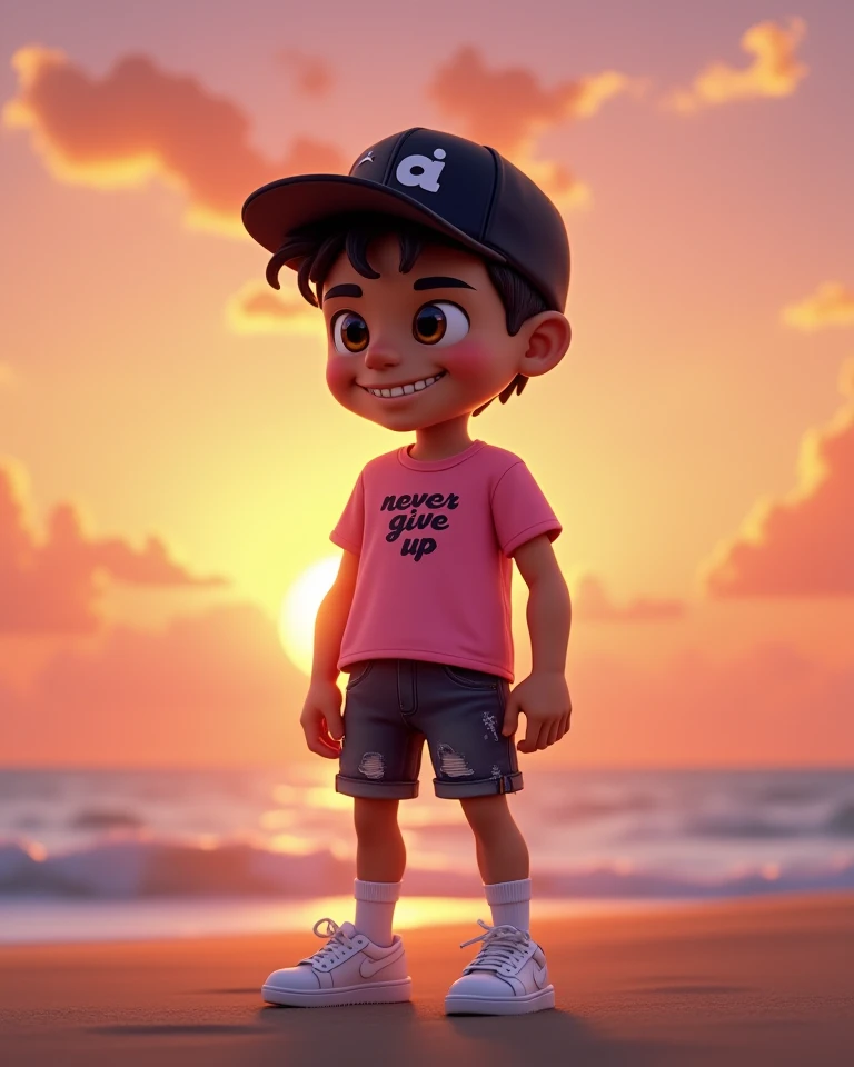 Create an image of a young man of normal build from Latin America smiling Pixar style,  He wears a black cap with lyrics "a"  color white.  He wears a pink t-shirt with letters " never give up " color black and ripped denim shorts color black,    black hai...