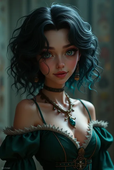 generate image ,  in the movie style "descendants", A girl daughter of Chernabog ,  tongue  , short wavy hair  ,  black eyes , Fantasy,  , Similar to Evie ( descendants). Cheeky and sexier, Big boobs , Not so thin  , Shoulder-length and very full hair ( Sh...