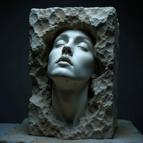  masterpiece,  in high resolution from the head of a stone statue representing a beautiful woman of the Renaissance . The statue is being built from a stone block and the background is the stone block from which the face emanates. The head is rotated 45 de...