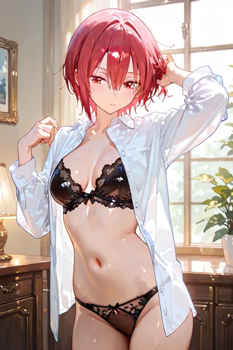 BEST QUALITY, ULTRA DETAILED, HIGH DEFINITION, ALONE, 1girl, redhead, short hair, red eyes, medium breasts, slim, white dress shirt, open shirt, black panties, sexy outfit, fixing her hair. Background: rustic room.