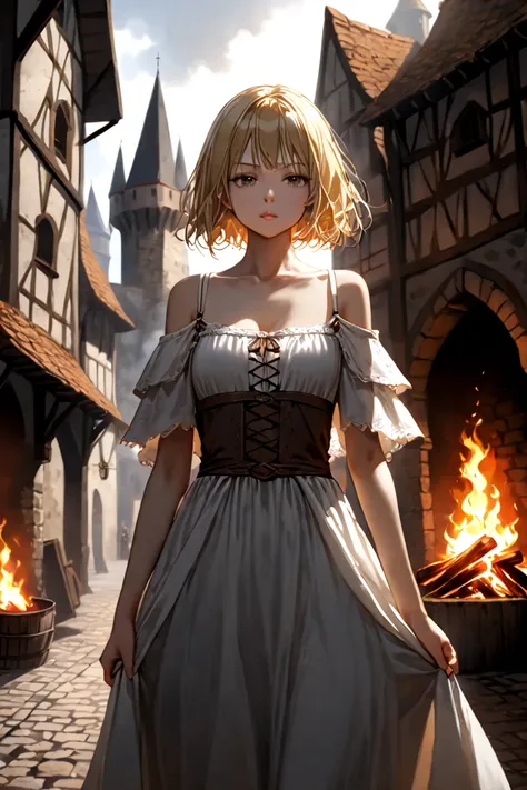 BEST QUALITY, ULTRA DETAILED, HIGH DEFINITION, ALONE, 1girl, slim, blonde, short layered hair on the shoulders, bangs, medium breasts, rustic dress, white dress, thin straps, shabby outfit, standing. Background; in a medieval city on fire.