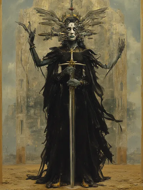 Huge sword female figure on iconic heavy metal magazine cover art style, Worship, mechanics, strange head format char, parts, machinery, artificial, synthetic, beauty, sadness, vivid colorful artwork white face, black costume, yellow and red shoes, green m...