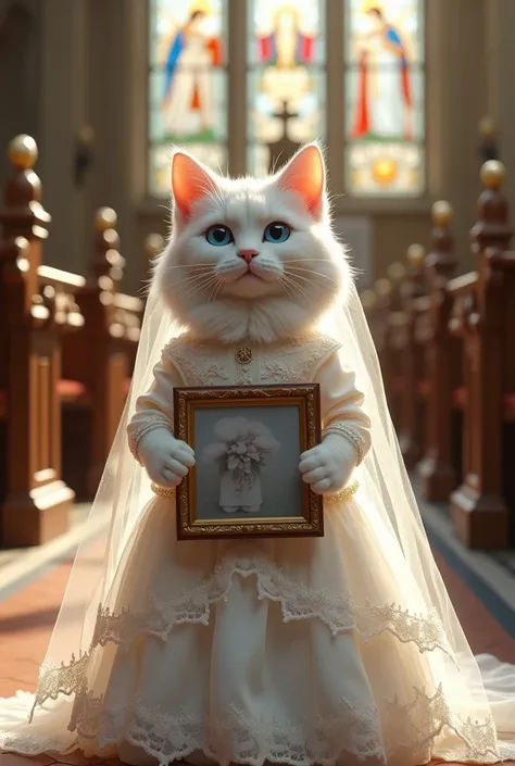 create a hyper realistic image of a white-colored cat with blue eyes,  wedding dress,  holding a photo. The background of a church