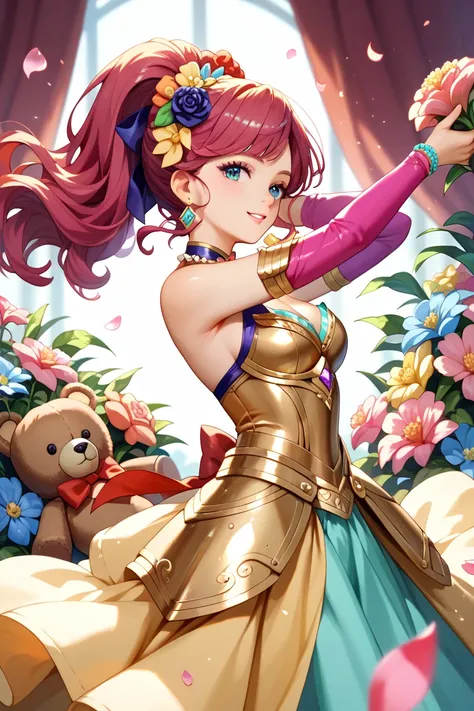 A female swordsman wearing luxurious Western-style golden armor is dancing in the warm spring,(Teddy bear on the side ),Surrounded by gorgeous flowers , Petals dance , Warm Light,  sparkling effect ,  The light is shining  。 bright, Dynamic Action 