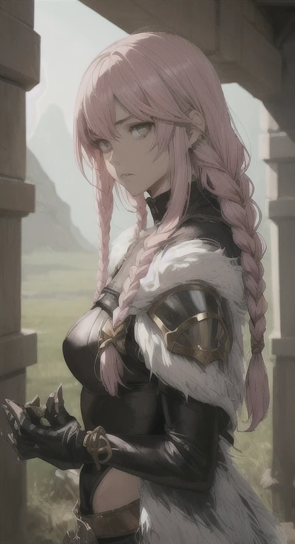 lost era, Prehistoric woman, Devine priestess, Rionyx, Pink hair, grey eyes, bandit braids, looking at viewer, long messy hair, prehistoric kingdom, lore accurate, prehistoric fur armor,