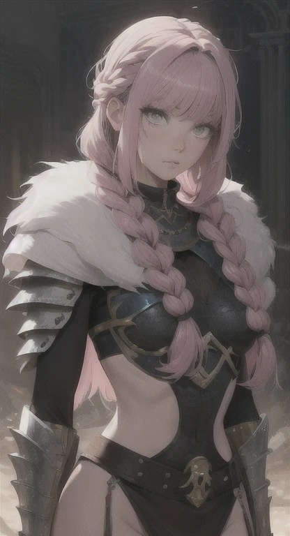 lost era, Prehistoric woman, Devine priestess, Rionyx, Pink hair, grey eyes, bandit braids, looking at viewer, long messy hair, prehistoric kingdom, lore accurate, prehistoric fur armor,