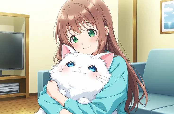 masterpiece, newest, absurdres, anime screencap, safe, 1girl \(green eyes, brown hair, long hair, cute, smiling, hugging\), 1cat \(white, fuzzy, fluffy, blue eyes\), living room, well-lit environment, tight hug, cute atmosphere, cozy atmosphere, tareme, up...