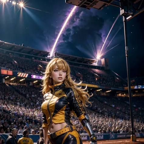 yangxiaolong, yang xiao long, long hair, blonde hair, large breasts, (purple eyes:1.3), ahoge, bangs, BREAK smiling, wearing sportswear, mechanical arms, single mechanical arm, prosthesis, prosthetic arm, BREAK night, stars, cowboy shot, standing inside sp...