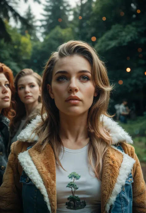 Photograph of woman, (sympathetic expression), ultra textured skin, goosebumps, blonde and long hair, face looking straight at camera, full face, half up, half down, fur lined jacket with skinny jeans and beans, group profile, towering ancient redwood tree...