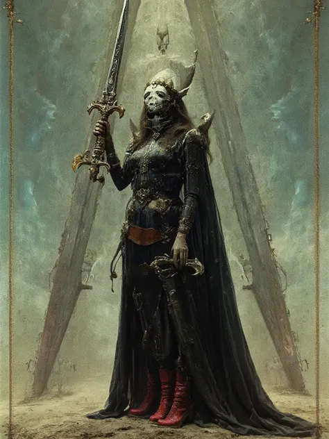 Huge sword female figure on iconic heavy metal magazine cover art style, Worship, mechanics, strange head format char, parts, machinery, artificial, synthetic, beauty, sadness, vivid colorful artwork white face, black costume, yellow and red shoes, green m...