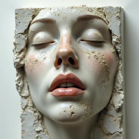  masterpiece,  in high resolution from the head of a stone statue representing a beautiful woman of the Renaissance . The statue is being built from a stone block and the background is the stone block from which the face emanates. The head is rotated 45 de...